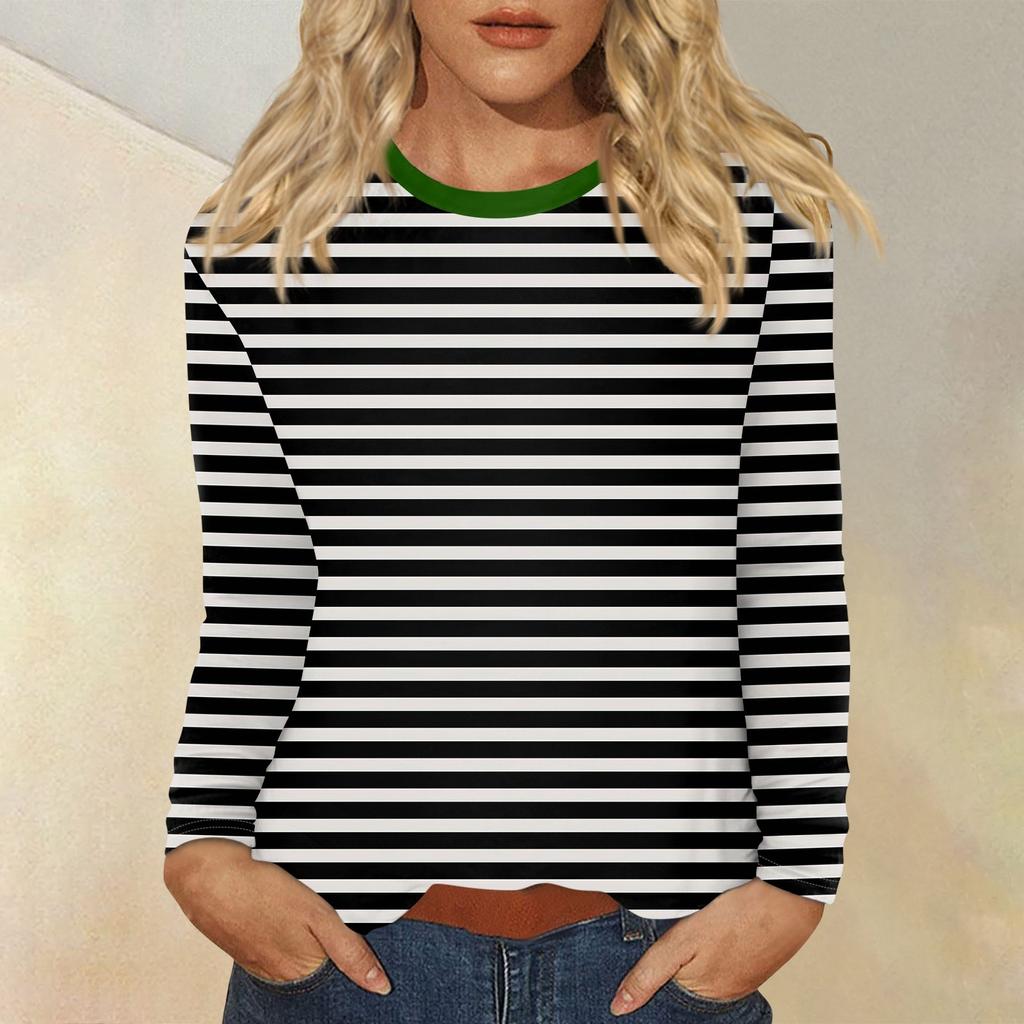 Женский повседневный топ с круглым вырезом и длинными рукавами в полоску с принтом