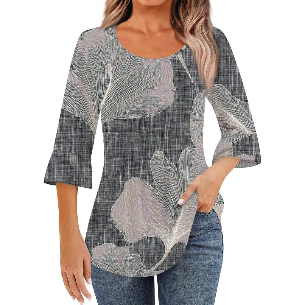 Women's Fashion Casual Pleated Round Neck Floral Print Three-Quarter Sleeve T-Shirt Top