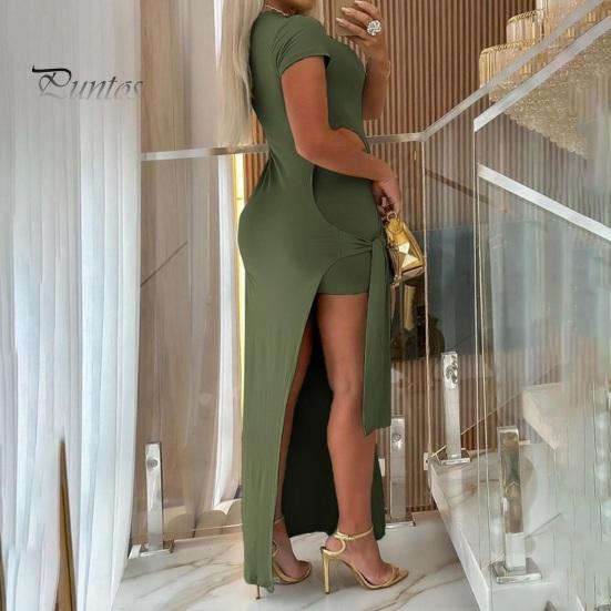 Женское сексуальное платье макси, комплект с коротким рукавом, круглым вырезом, боковым разрезом, облегающее платье с коротким летним костюмом для вечеринок, повседневных клубов