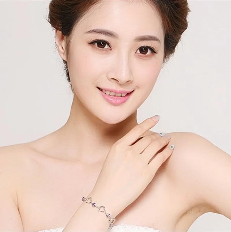 Высокое качество браслет из стерлингового серебра 925 пробы сердце фиолетовый кристалл циркон браслет для женщин вечерние помолвочные украшения подарок