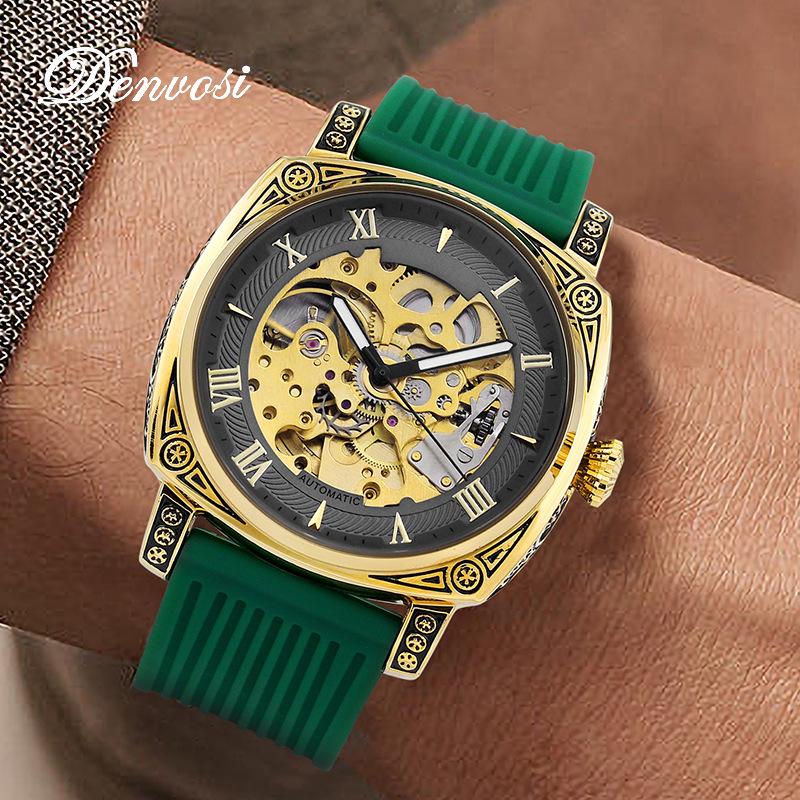 Fully Automatic Mechanical Watch Square Transparent Bottom Watch Men's Mechanical Night Light Men's Hollow Silicone Tape Watch