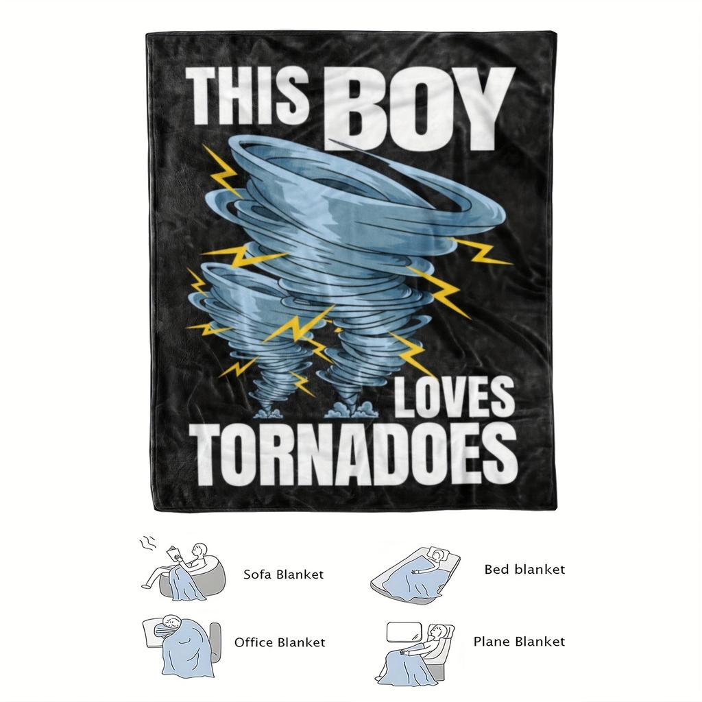 This Boy Loves Tornadoes" Black Flannel Throw Blanket - Stormy Turbo Design with Lightning Bolts & Cartoon Tornadoes, Modern Home Decor, Mac