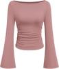 2025 Autumn Slim Fit Women's Boat Neck Bell Sleeve Ruched Top - Solid Color, Long Sleeve