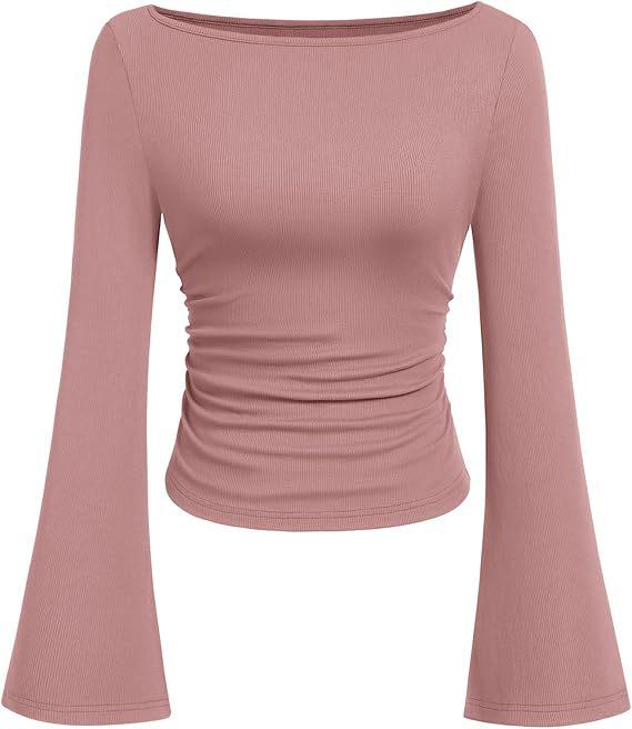 2025 Autumn Slim Fit Women's Boat Neck Bell Sleeve Ruched Top - Solid Color, Long Sleeve