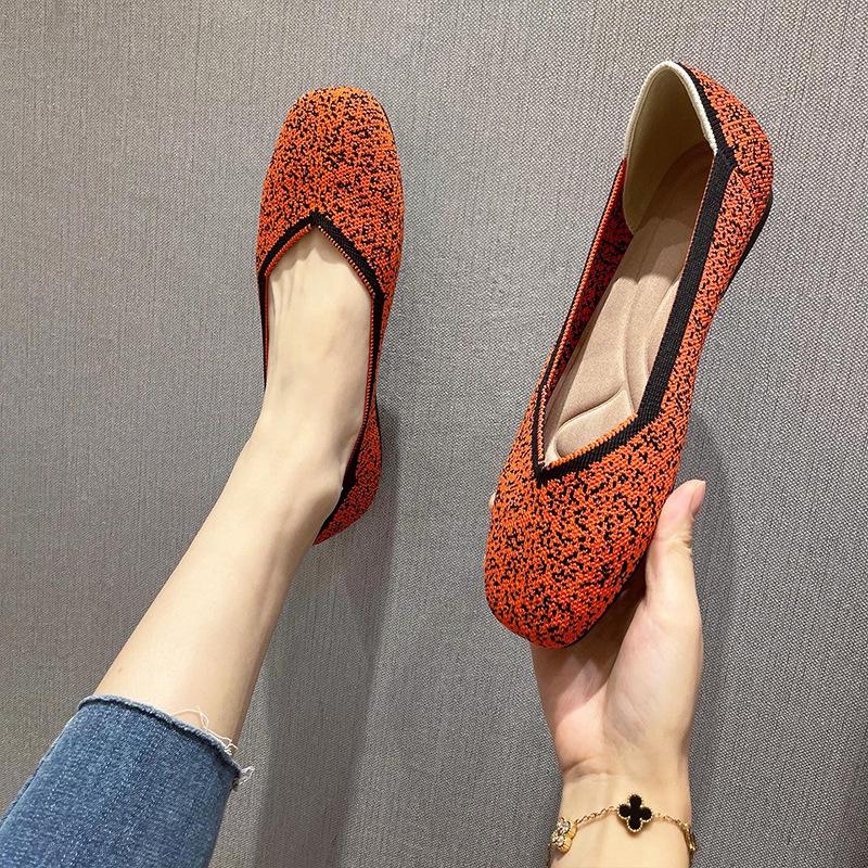 Square Head Single Shoes Women'S Shallow Mouth Flat Bottom European And American Style Shoes Knitted Shoes Soft Sole Knitted Shoes Women