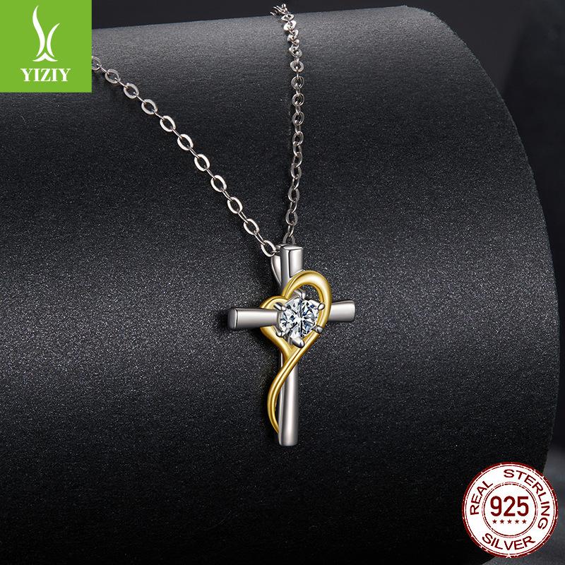 Mozambican Diamond Love Cross Necklace Clavicle Chain, Simple Classic S925 Sterling Silver Necklace
