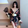 Кимоно черное мини сексуальное куртизанское цветочное узорное японское платье с оби костюм косплей для взрослых со шпилькой [SCGEHA]