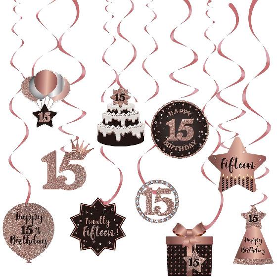 Happy 15th Birthday Hanging Swirls Streams Ceiling Decorations, Celebration 15 Foil Hanging Swirls with Cutouts for 15 Years Old Rose Gold Birthday