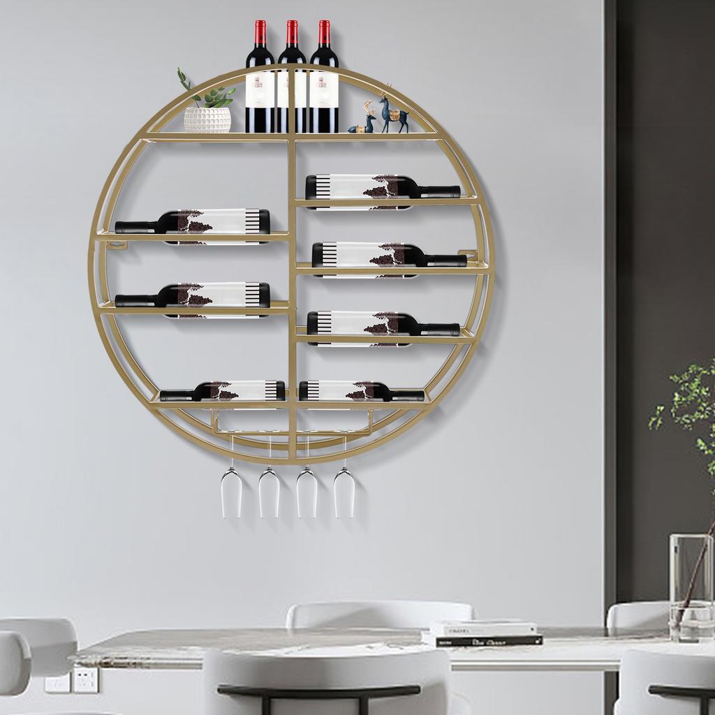 Золотая настенная винная полка, Круглая железная полка для 4 бокалов, Диаметр 60 см, Винтажное хранение для домашнего бара, Декор для кухни
