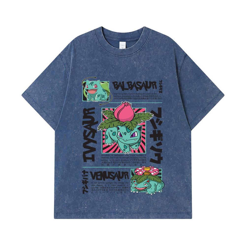 275 GSM Washed T-shirts 100% Cotton Pokemon V4 Balbasaur Print Unisex Heavy Cotton T Shirt