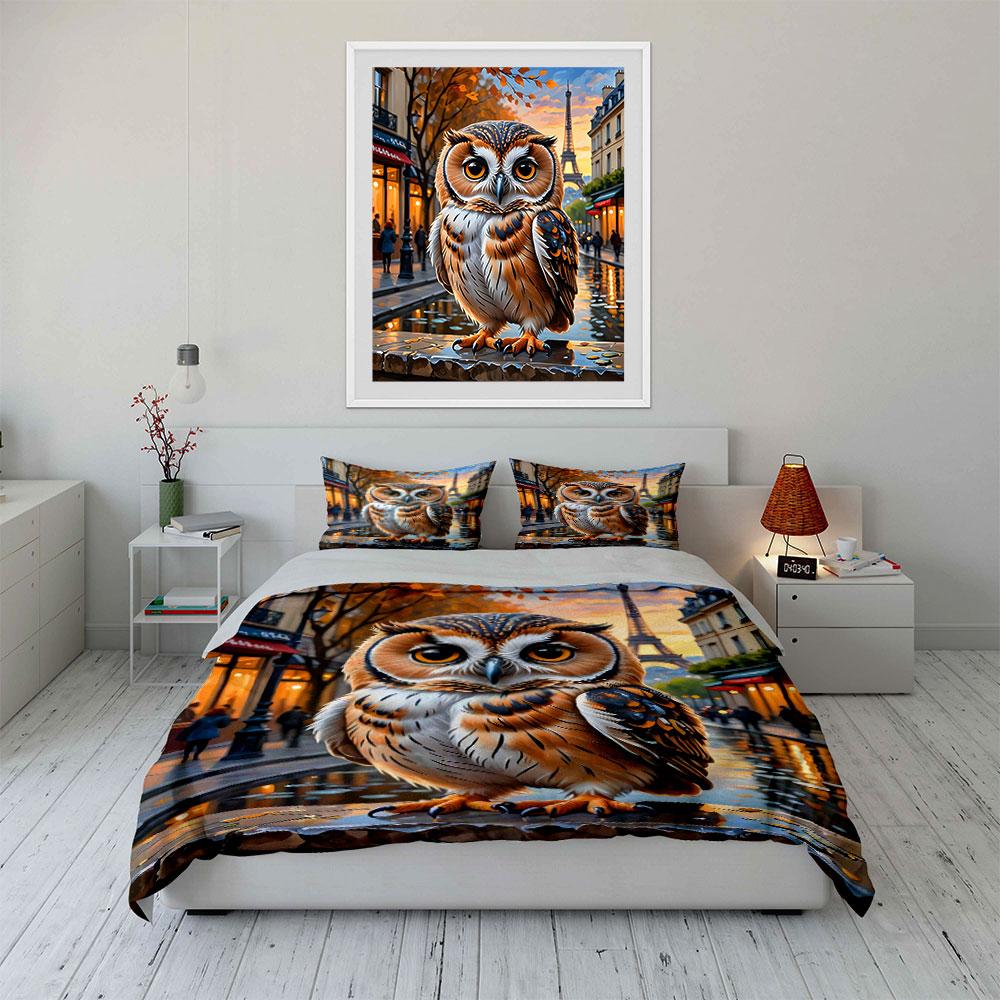 Owl on Parisian Autumn Street Print Bedding Set 1 Duvet Cover 2 Pillowcases for Adult and Children Luxury Gift Full Size