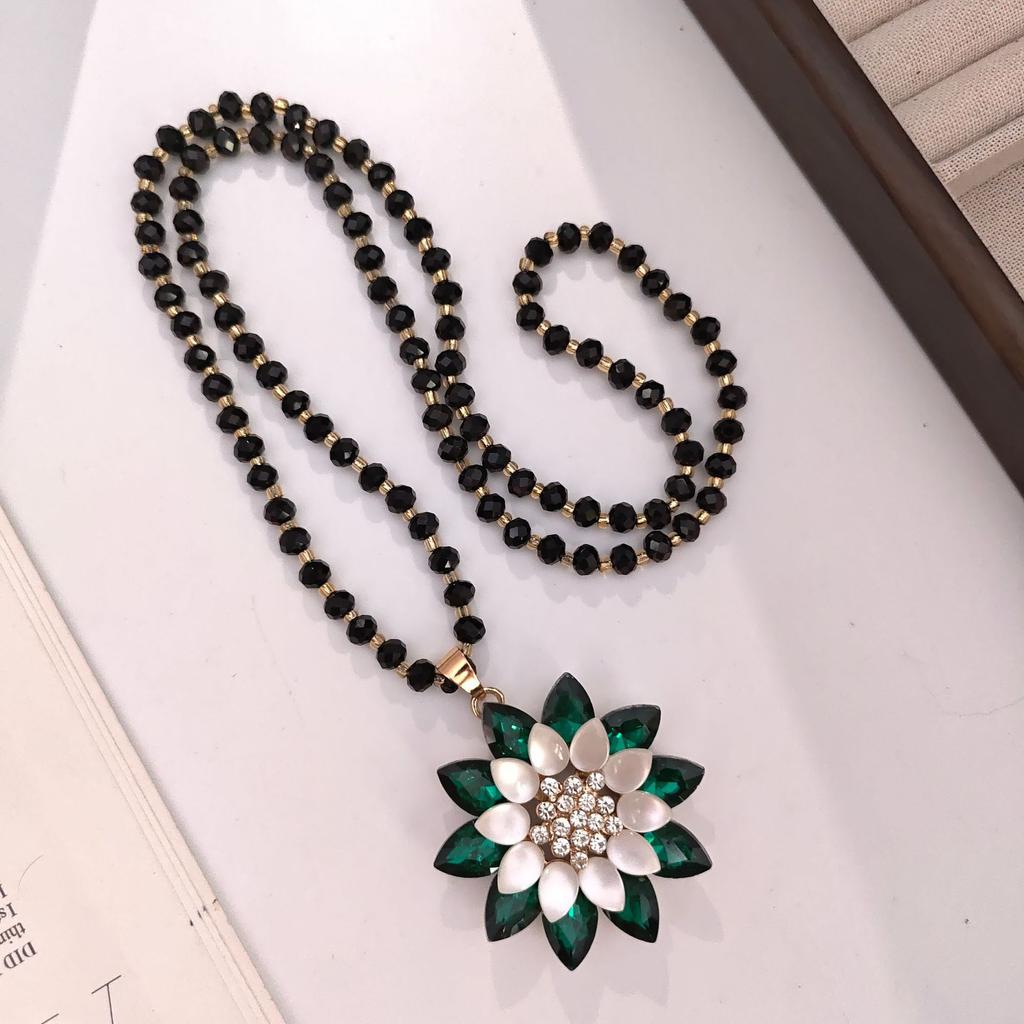 Хрустальный цветок двойная подвеска цепочка для свитера цепочка из черных бусин длинное ожерелье модное в стиле легкой роскоши женские универсальные аксессуары для одежды