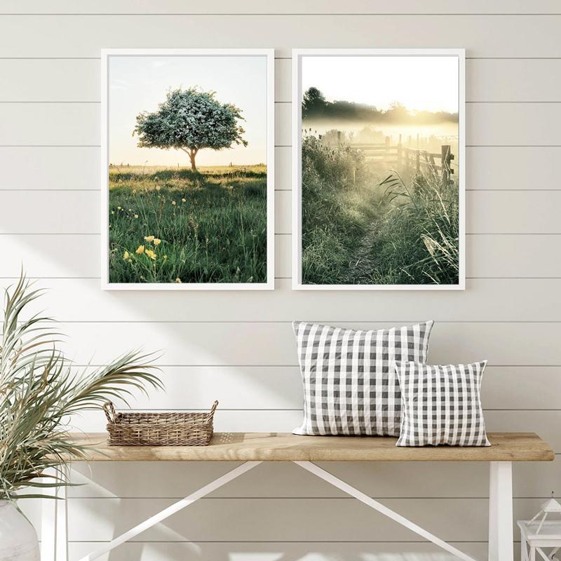 Дерево в скандинавском стиле, картина на холсте, солнечный свет, природа, пейзаж, постер, утренний восход, трава, настенная живопись, скандинавское украшение, картина