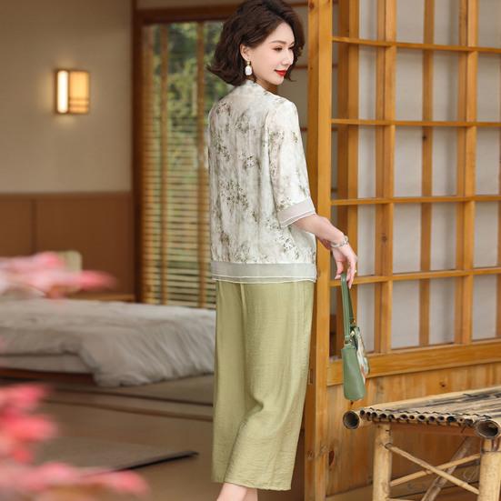 2 шт./компл. женский костюм в стиле ретро в китайском стиле плюс размер воротник-стойка с цветочным принтом и половиной рукава в стиле пэчворк, сетчатый топ с эластичной резинкой на талии и широкие брюки, комплект