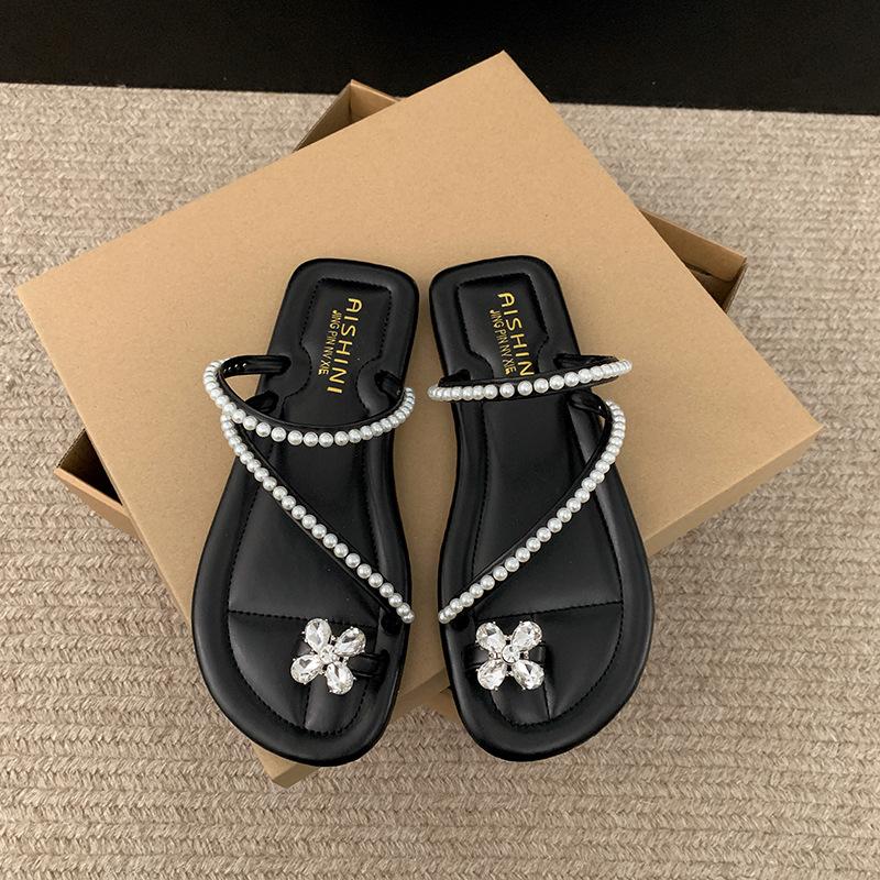 Французские тапочки со стразами на плоской подошве, женские, новинка 2025 года, универсальные, с нескользящим покрытием, с мягкой подошвой, классные тапочки