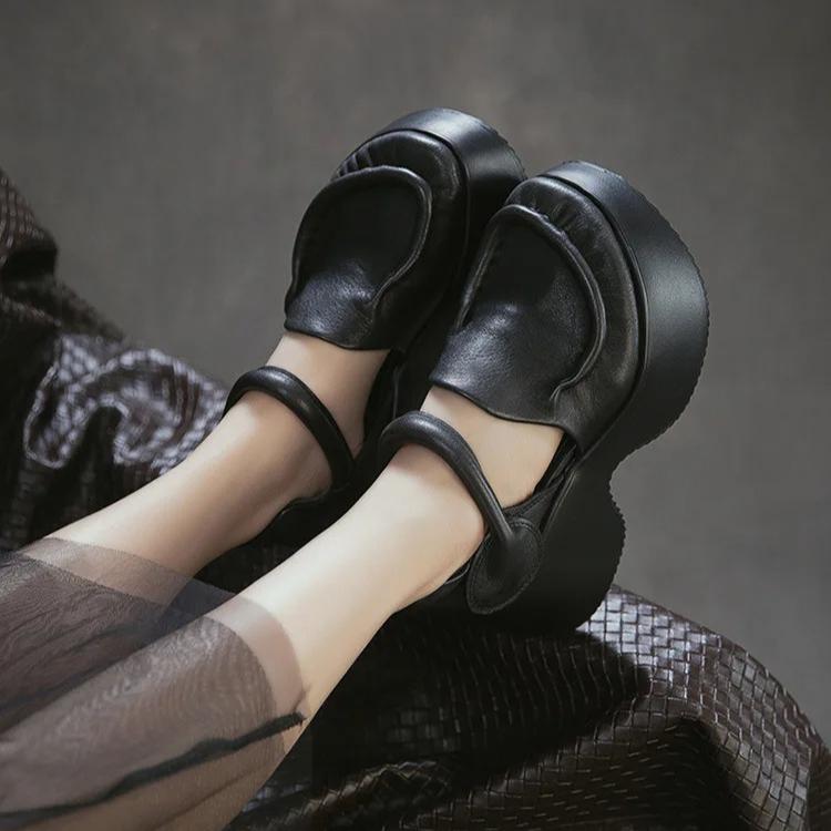 Johnature Сандалии из натуральной кожи на толстой подошве Ретро Круглый носок Толстый каблук Женская платформа