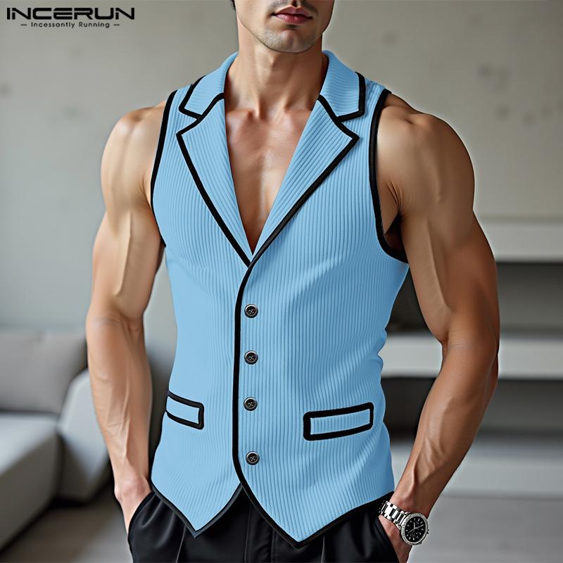 INCERUN Men Lapel Sleeveless Stitching Slim Waist Buttons Up Rib Vest Waistcoat