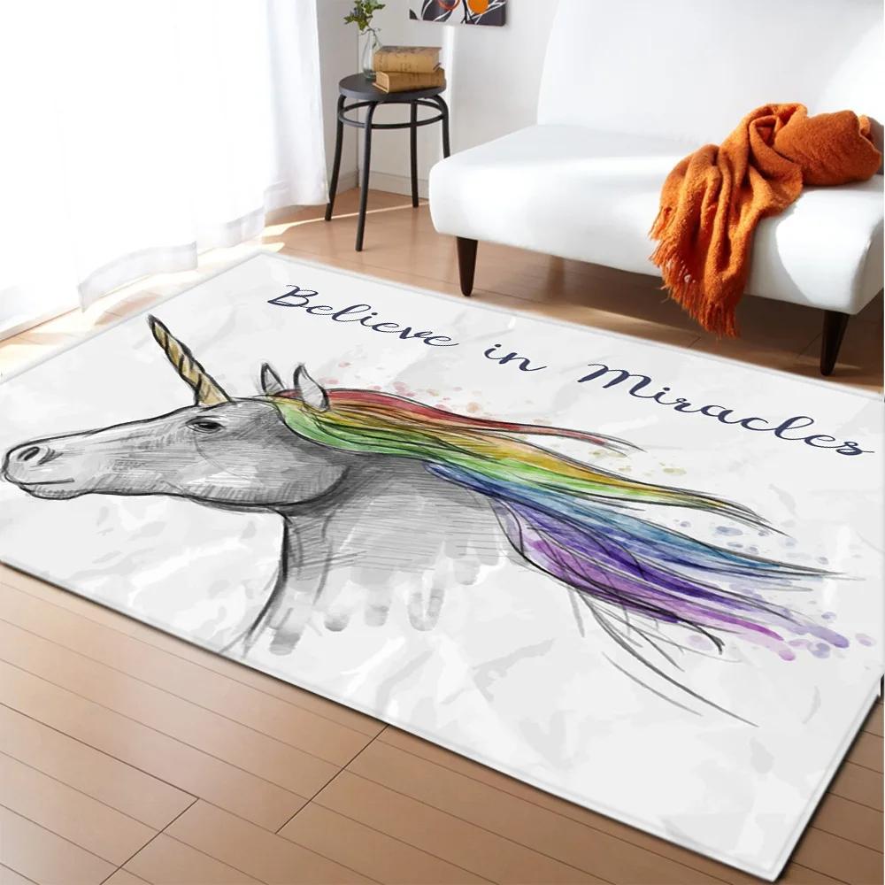 Kids Cartoon Unicorn Carpet Fantasy Animal Crawling Mat Doormat Living Room Area Rug Rainbow Shiny Girls Bedroom Soft Floor Mats