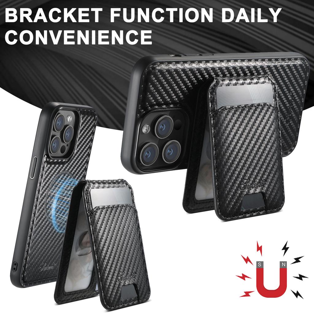 SUTENI H18 For iPhone 13 Pro Max Magnetic Case Carbon Fiber Texture Leather+TPU Cover with Detachable Card Bag