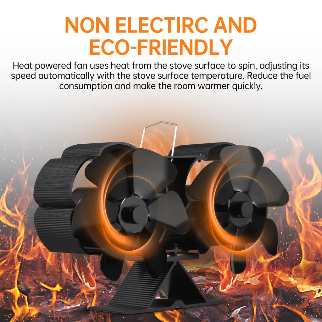 Dual Head 6 Blade Heat Powered Stove Fan with Carrying Handle and Overheating Protection Portable
