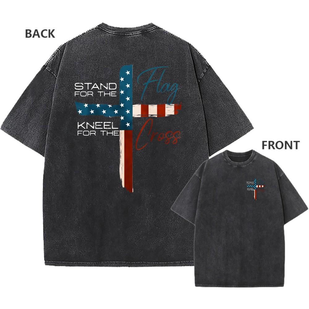 Men's Vintage Oversized Washed T-Shirt Cotton Flag Cross Faith Casual Tee