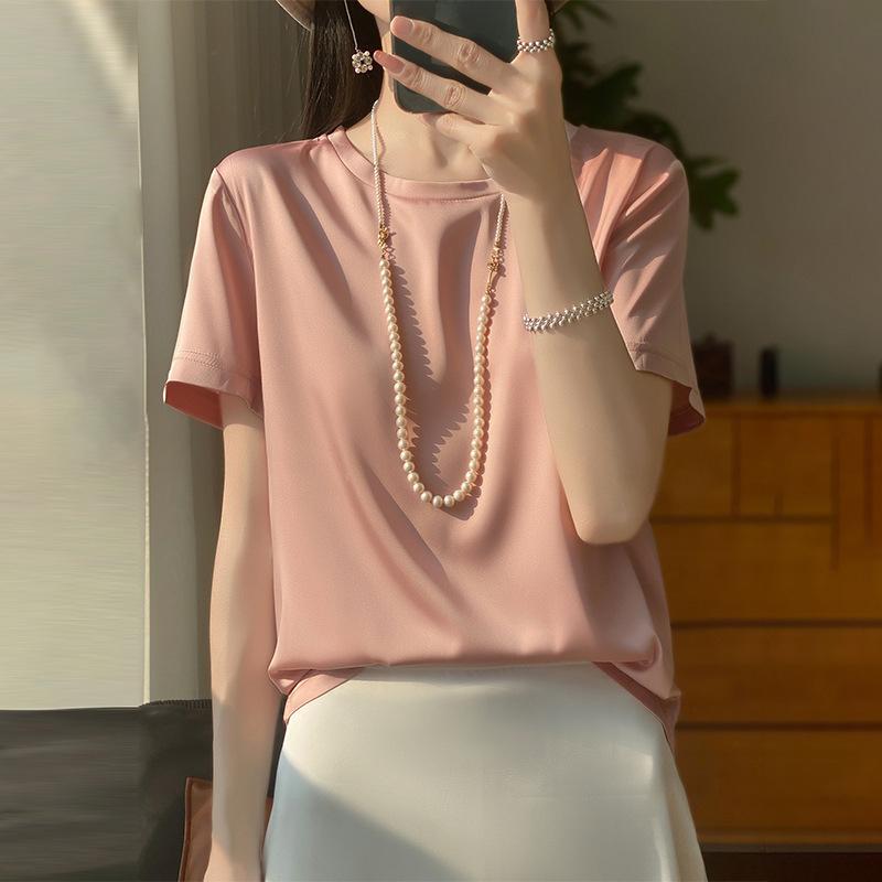 Spring and Summer Women's T-shirt Silk Loose Round Neck Solid Colour Temperament Short-sleeved T-shirt Tops