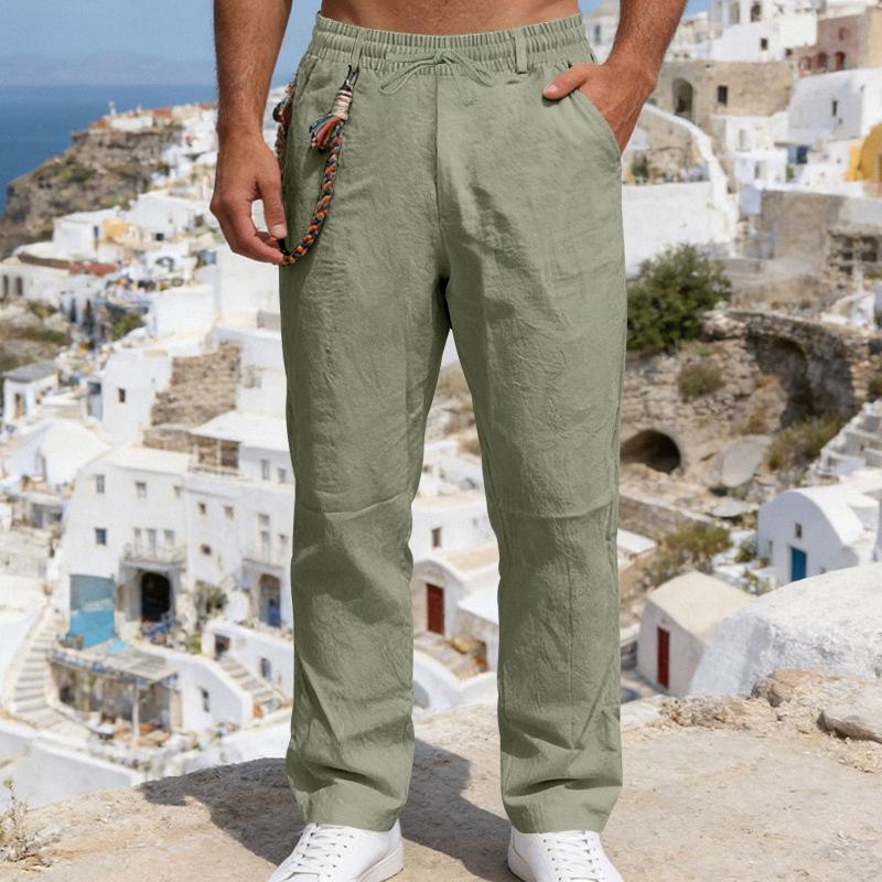 Men’s All-season Loose-fit Casual Linen Trousers with Bohemian-style Decorative Waistband and Straight-leg Cut