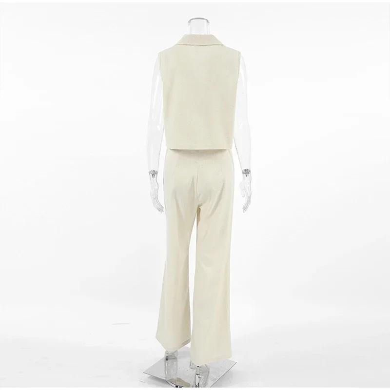 Casual Solid Vest Suit Women Sleeveless Single Breasted Tops High Waist Pants Summer Fashion Lady Elegant Set