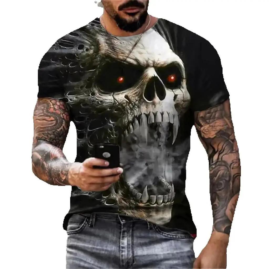 Summer Round Neck 3D Skull Print Top Fashionable Casual Terror Street Hip Hop Short Sleeved Men's T-shirts