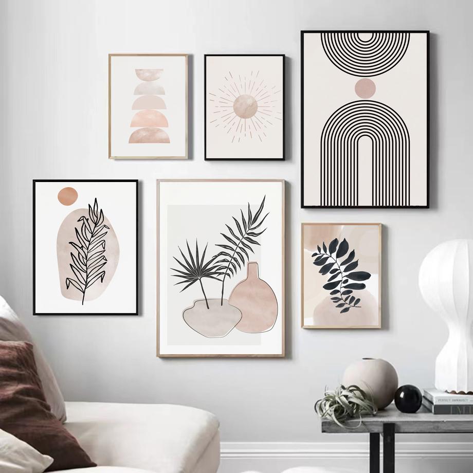 Ваза в стиле бохо с листьями и женскими линиями, геометрические абстрактные постеры и принты, картины на холсте, скандинавские настенные картины, декор гостиной