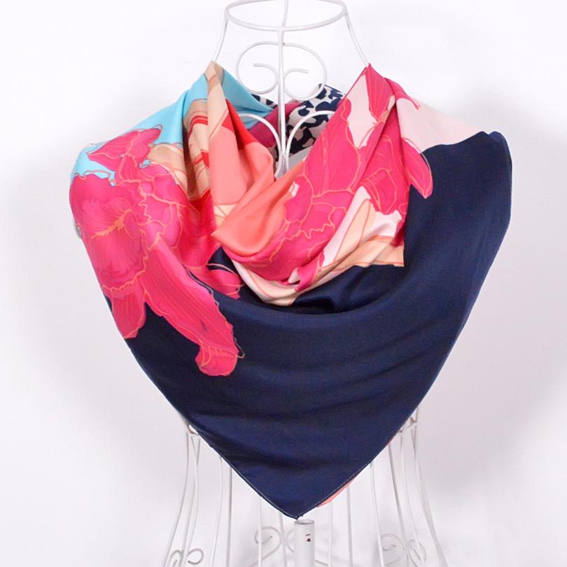 Ladies Daisy Large Square Scarves New 90*90cm Spring Autumn Matt Satin Scarves Fashion Accessories Navy Blue Silk Scarf