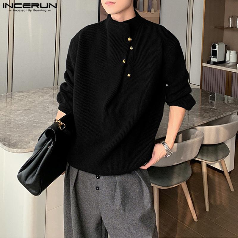INCERUN Autumn Pullovers Men Stand Neck Long Sleeve Texture Rib Knitted Casual Tops