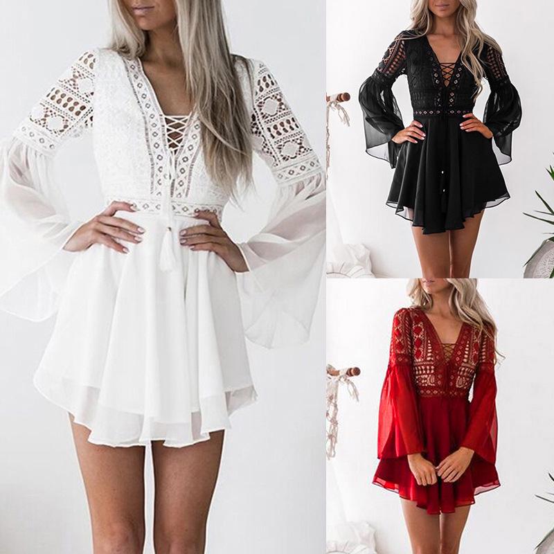 Women Mini Dress V Neck Long Flared Sleeve Crochet Hollow Out Chiffon Bandage Party Dress