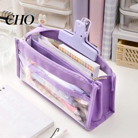 Fresh Color Stationery Bag Transparent Mesh Pencil Case for Middle School Students Large Pouch Capacity Multilayer Storage with Compartments