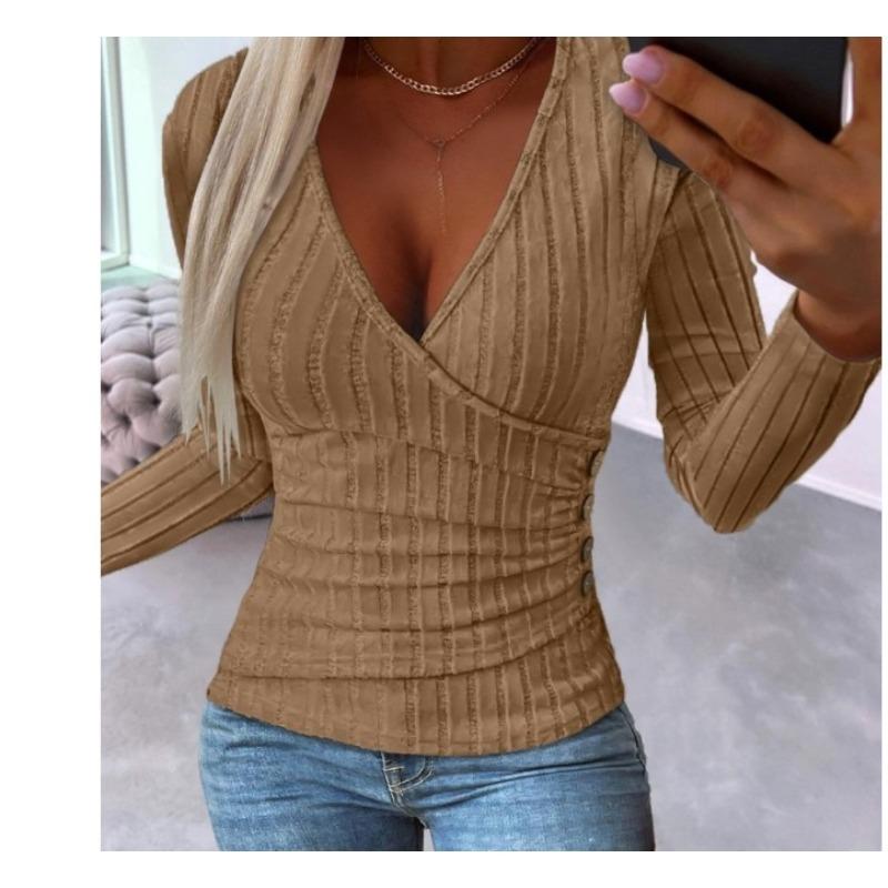 YYFS Женские модные повседневные весенне-осенние однотонные блузки и рубашки с v-образным вырезом и длинным рукавом с принтом