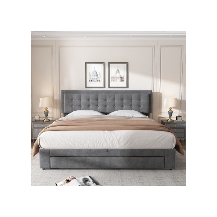 Lit avec coffre et tiroirs - MUVOE - 180 x 200 cm - Tissu velours - Réglable - Gris