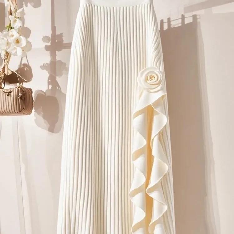 Women's Fall/Winter High-Waisted Slimming French Ruffled Asymmetric A-Line Skirt Elegant Mid-Length Skirt