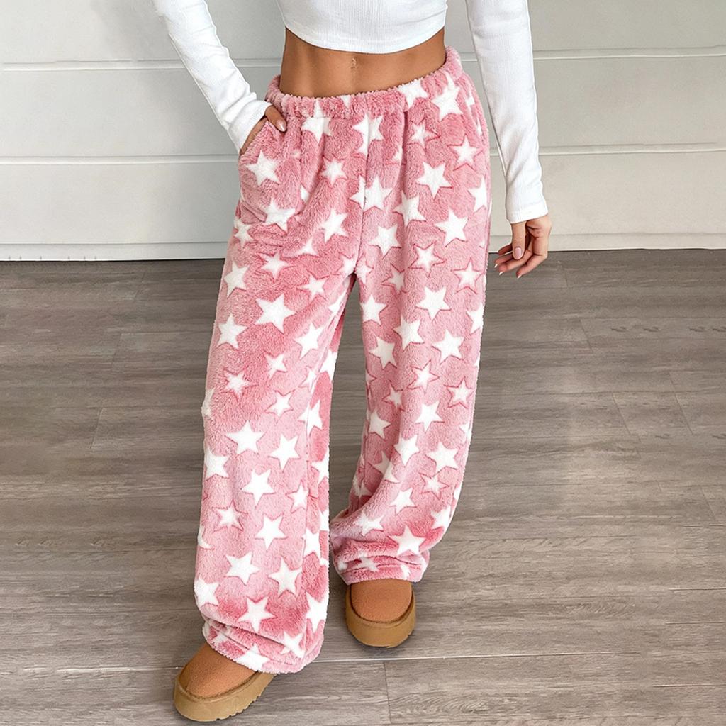 Women's Pajama Pants, Plush Pajama Pants, Soft Elastic Waist Pajama Pants, Star Pants With 2 Pockets