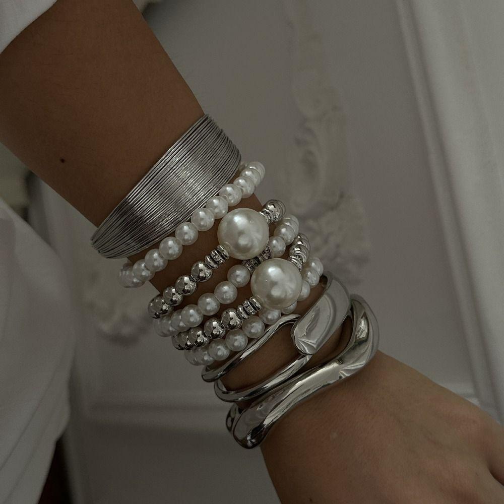 Серебряный металлический браслет с жемчугом, вытяжка проволоки, преувеличенный браслет, жемчужный браслет, для женщин