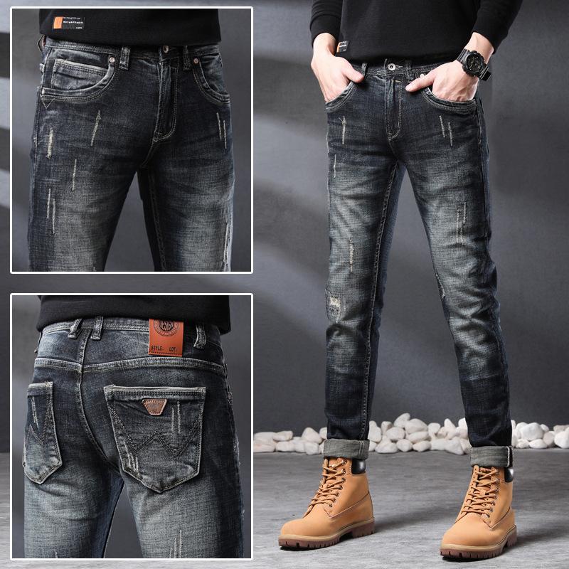 European And American Spring And Autumn Retro Slim Fit Ripped Patch Jeans For Men'S High-End Distressed Small Straight Leg Trendy Pants
