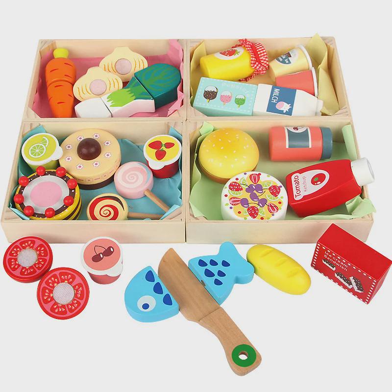 Wooden Pretend Kitchen Toy Set with Cutting Fruits & Vegetables