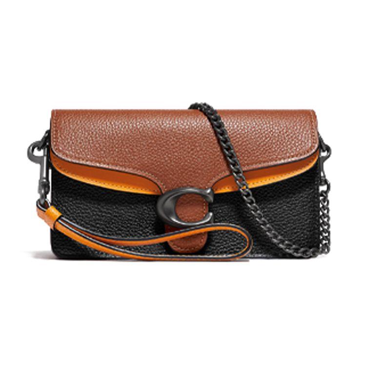 Coach Полосатая мини-сумка Woc из кожи через плечо на плечо Женские сумки Карамель Черный 890-V5BLC