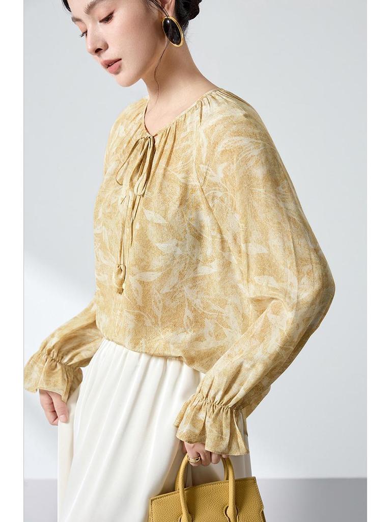 100% Mulberry Silk High-End Shirt, Spring Lantern Sleeves, Double Georgette Tie-Up Print, Women's Top