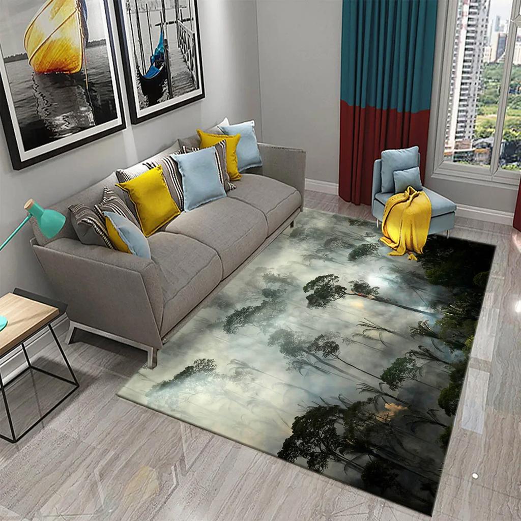 Дымчатый Лес Ковер Зеленые Деревья Горный Ковер Натуральный Пейзаж Прямоугольные Ковры Коврики для Йоги Декор для Спальни Гостиной Придверный Коврик