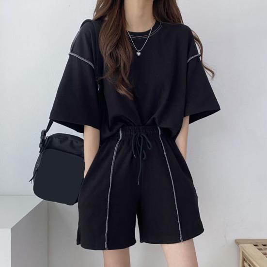 2 шт./компл. женский летний спортивный костюм с круглым вырезом и половиной рукавов, свободный топ с завязками, высокая эластичная талия, однотонный