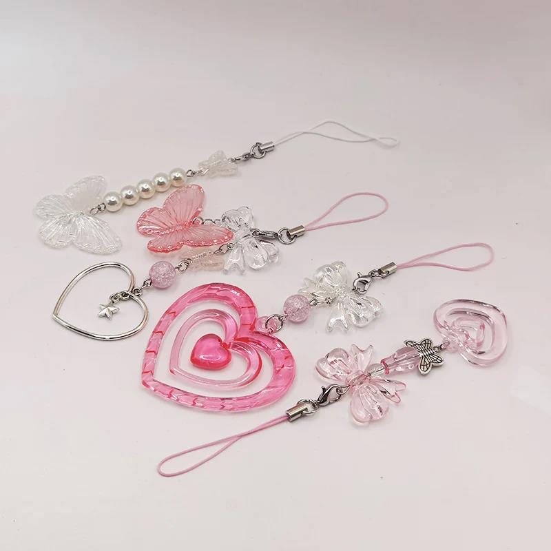 Black Punk Y2K Phone Pendant Chain Cool Girl Sweet Pink Beaded Charm With Cross Butterfly Love Accessories For iPhone Camera Bag 1
