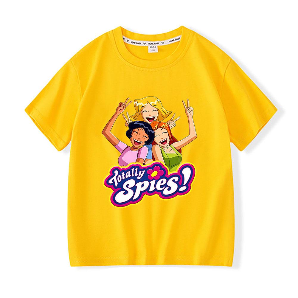 Детская футболка с мультяшным принтом "Totally Spies", 100% хлопок, уличная одежда, для мальчиков и девочек, с коротким рукавом, повседневная, летняя, для малышей.
