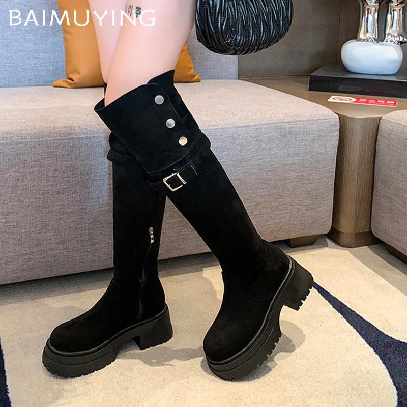 Меховые высокие сапоги на толстой платформе женские замшевые дизайнерские высокие туфли 2025 года, тренд зимы, новые модные туфли-лодочки до колена в готическом стиле Botas De Mujer