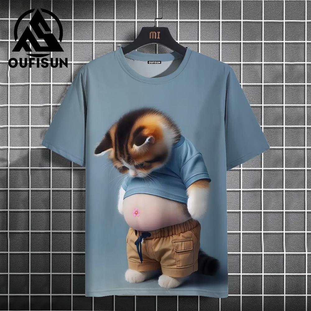 Oversized Women Summer T-Shirt O-Neck Short Sleeve Tops 3d Cute Animals Cat Printed Clothing Loose Pullover T Shirts Streetwear