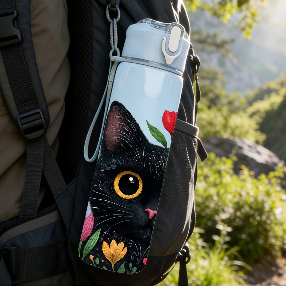 1PC Black Cat Rose Floral 750ml Color Plastic Sports Water Bottle Leakproof Flip Straw Lid Suitable for Sports Office Home Use